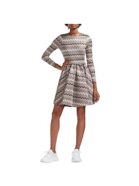NWT Maje Zig Zag Jacquard Fit & Flare Dress Long Sleeve Beige Black Size 1 Small